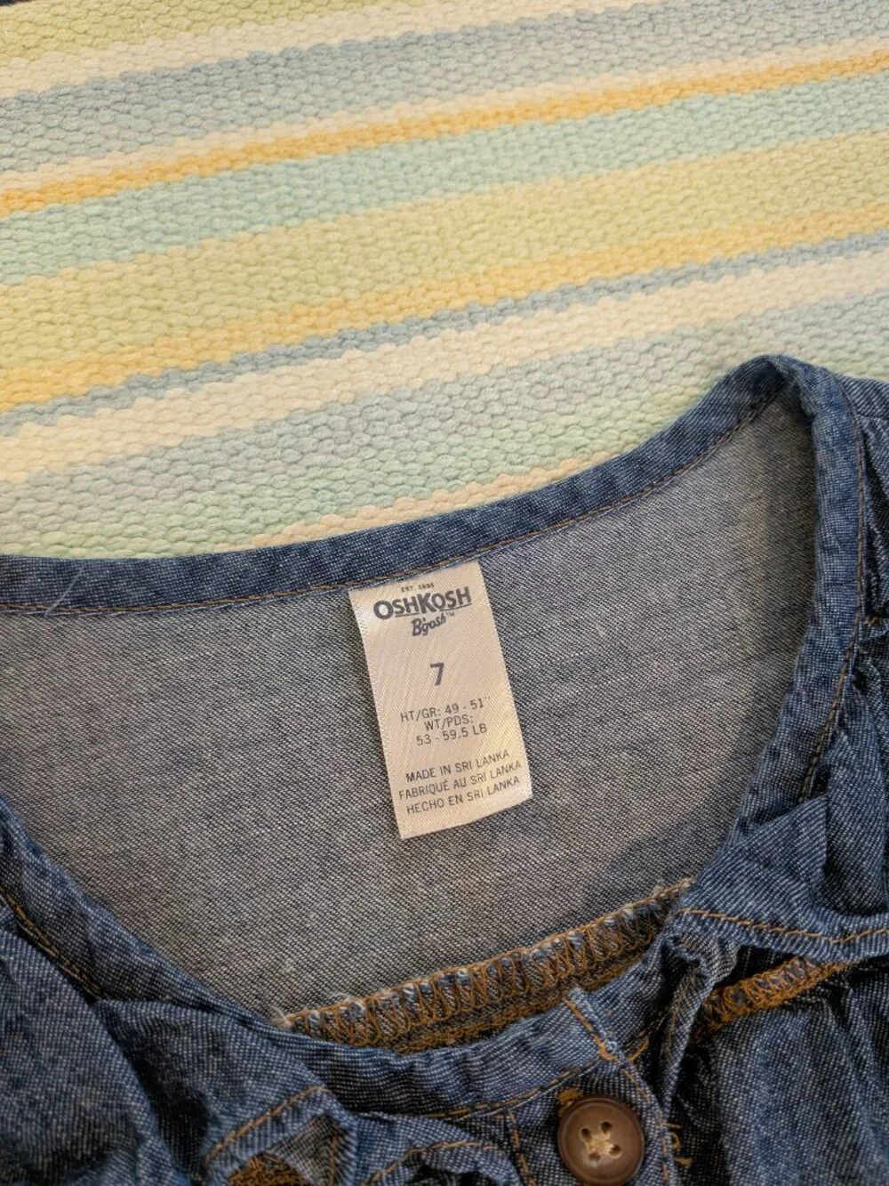 ⭐ Girl's OshKosh Bgosh Dark Chambray denim dress with striped belt size 7